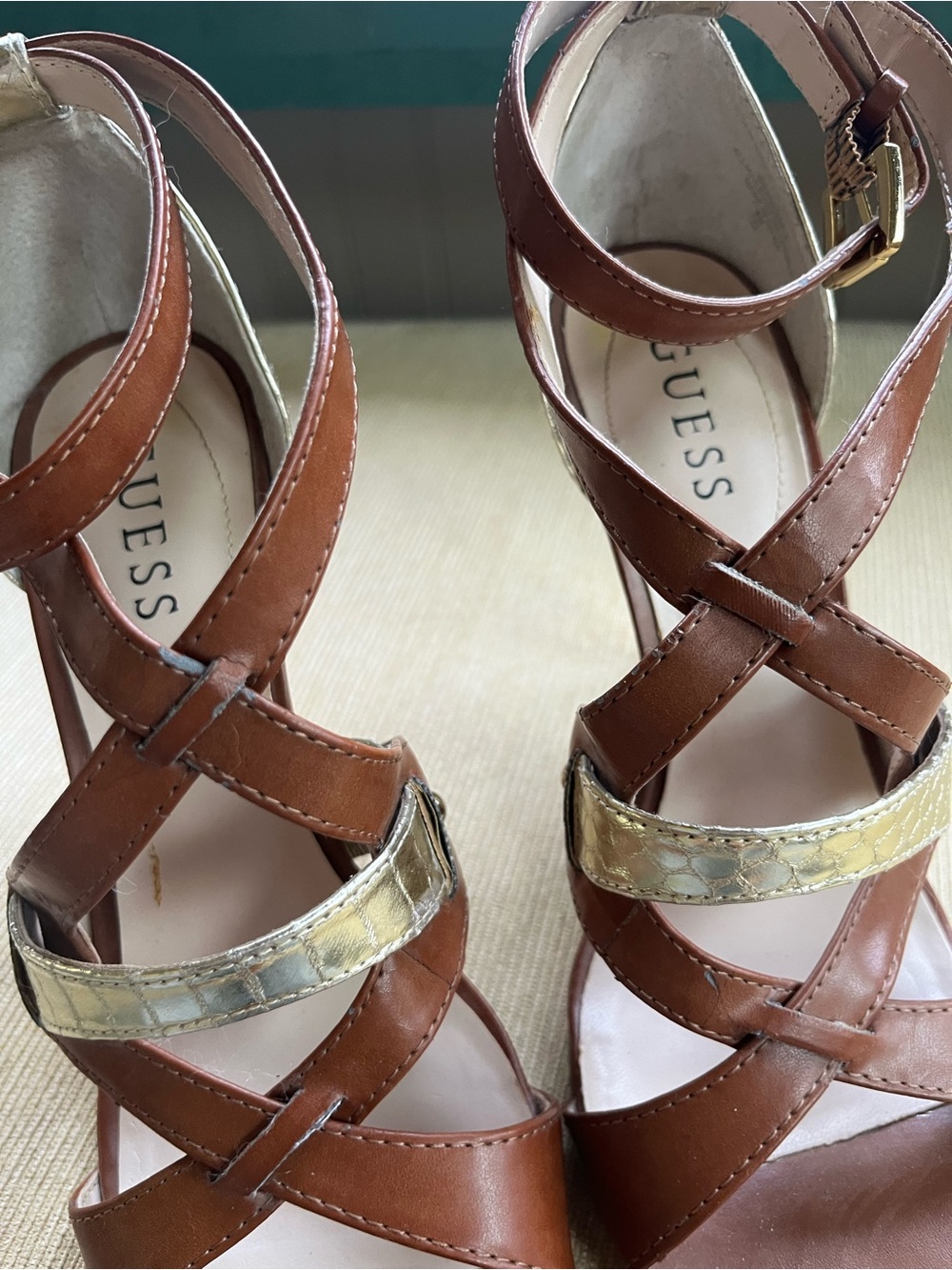 Women’s Brown Leather Strappy Heeled Sandals with Gold Accent - Picture 9 of 9